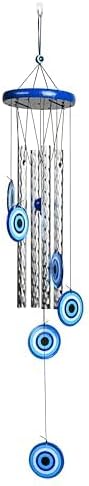 BEZAVO 27-Inch Evil Eye Wind Chime with 5 Silver Pipes