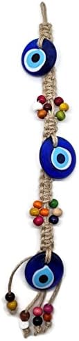 Mystic Jewels Three Turkish Eye Ornament Glass with Wood Beads for Hanging