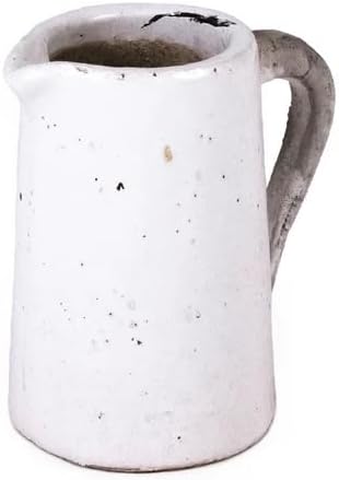 Vintage White Ceramic Pitcher Vase with Handle 12 Tall