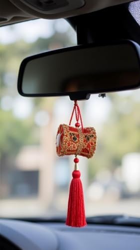 Car Interior Hanging Mirror Decoration Handmade Velvet Damru Accessory Red