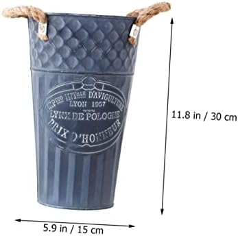 VINTORKY Iron Planter Flower Container Rustic Vintage Blue Vase for Home Decor