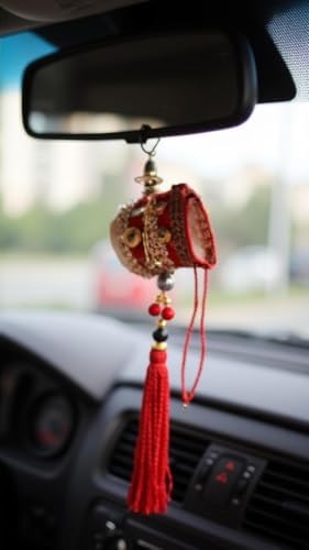 Car Interior Hanging Mirror Decoration Handmade Velvet Damru Accessory Red