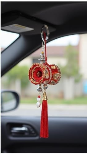 Car Interior Hanging Mirror Decoration Handmade Velvet Damru Accessory Red