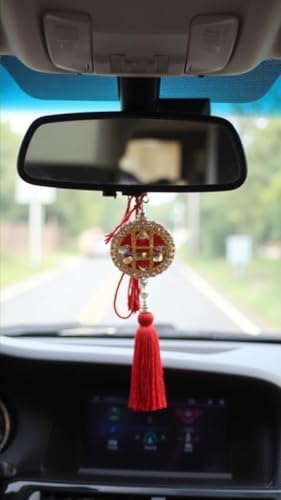 Car Interior Hanging Mirror Decoration Handmade Velvet Damru Accessory Red