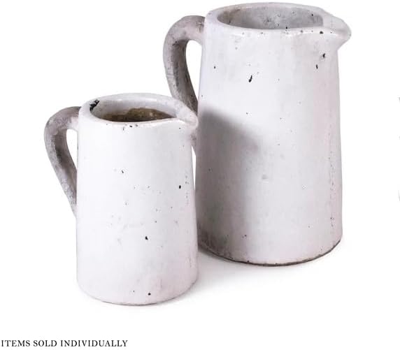 Vintage White Ceramic Pitcher Vase with Handle 12 Tall