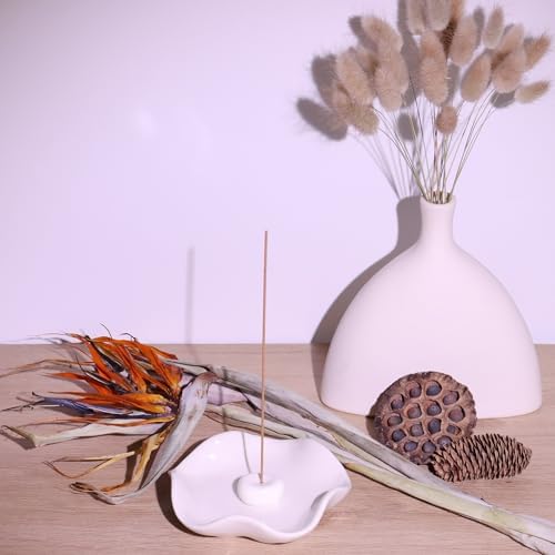 Elegant Ceramic Incense Holder Set with Wave Shape and Brass Holder - White