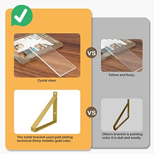 Clear Shelves Gold Floating Wall Mounted Set of 2 8mm Transparent Acrylic Invisible Display Decor