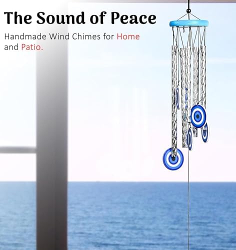BEZAVO 27-Inch Evil Eye Wind Chime with 5 Silver Pipes