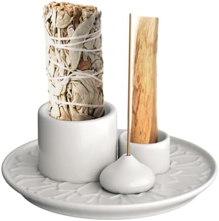 4 in 1 Palo Santo Incense Holder - Ceramic Ash Catcher Tray for Meditation Room - White