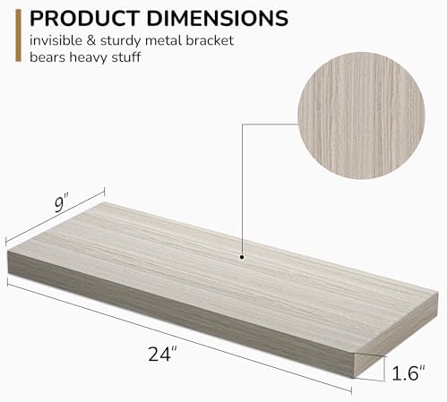 Floating Shelves - 24 Inch Rustic Grey Wooden Wall Shelves - 2 Pack