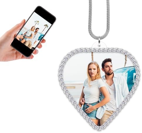 Personalized Photo Car Mirror Ornament - Custom Double-Sided Acrylic Heart Shape with Rhinestone Trim - White