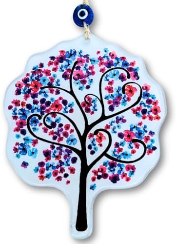Glass Pink Flowers Tree of Life Hanging Decor with Evil Eye Bead