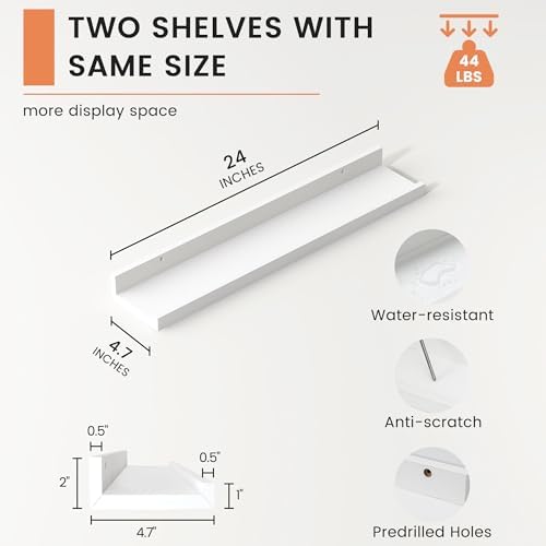 FLYJOE Picture Ledge Shelf Set of 2 24 Inches White Floating Wall Shelves for Nursery and Living Room Decor