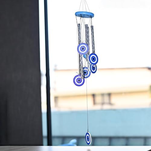 BEZAVO 27-Inch Evil Eye Wind Chime with 4 Silver Pipes