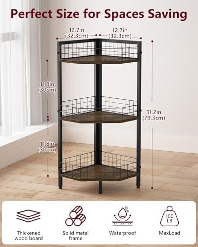 WikLiy 3 Tier Corner Shelf Stand with Metal Grid