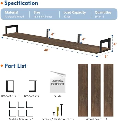 Harwaya Large Floating Shelves Set of 3 Dark Brown