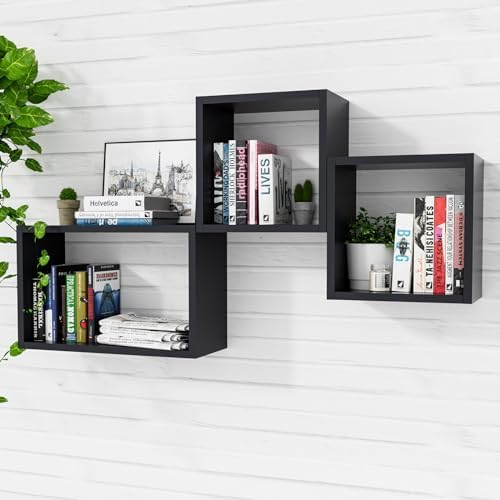Kaboon Wall Mount Shelf Set of 3 Floating Cube Shelves Large Size Black