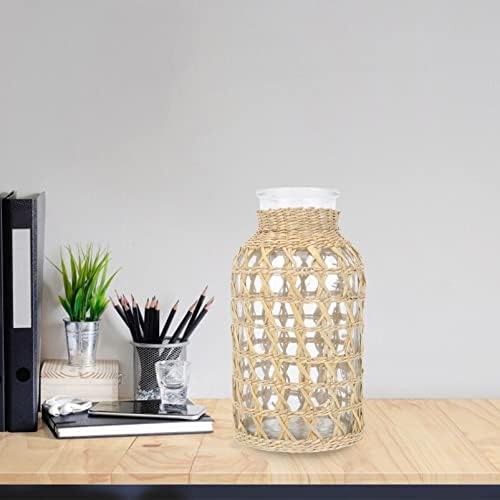 Stobaza 1Pc Rattan Woven Glass Vase for Home Decor