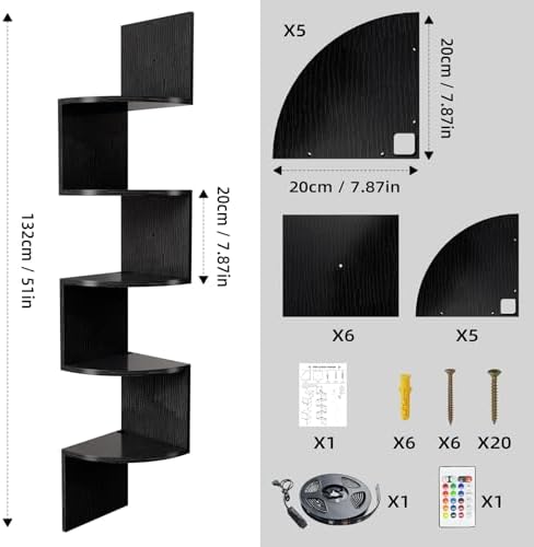 HAAYOT 5-Tier Corner Shelf with LED Lights Black