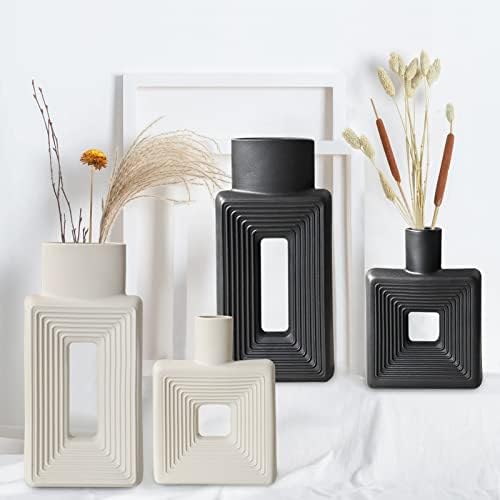 Black Ceramic Vase Set of 2 Modern Geometric Design