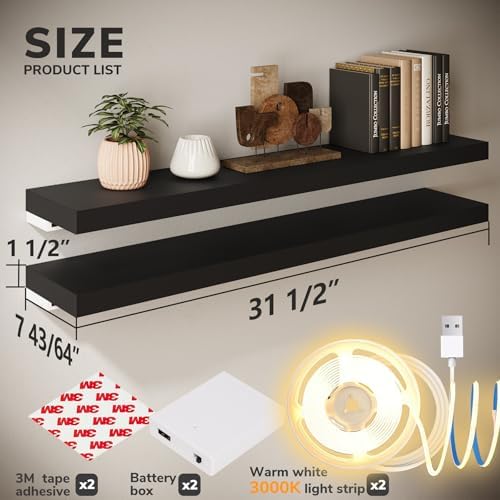 BAMEOS Black Floating Shelves with LED 31 Set of 2