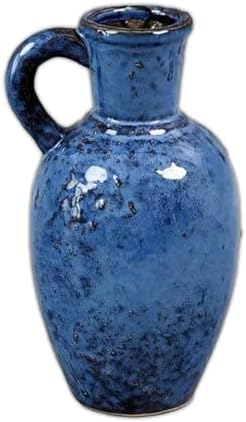 Rustic Blue Ceramic Jug Vase with Handle