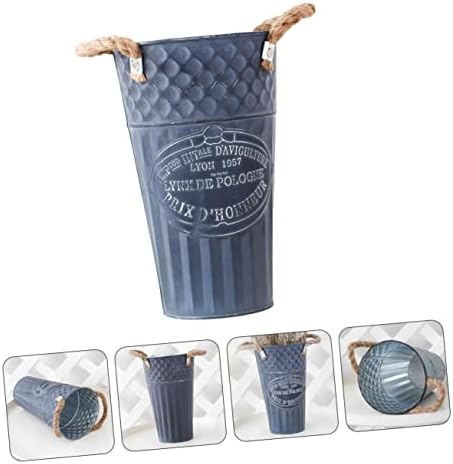 VINTORKY Iron Planter Flower Container Rustic Vintage Blue Vase for Home Decor