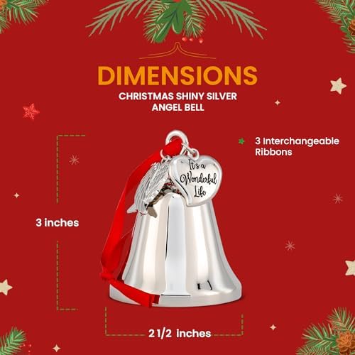 Its a Wonderful Life Christmas Angel Bell Ornament with Silver Wing and 2 Ribbons