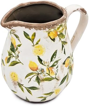 Round Ceramic Pitcher Vase with Lemon Design Farmhouse Accent Vintage Jug 8 x 65 Inches