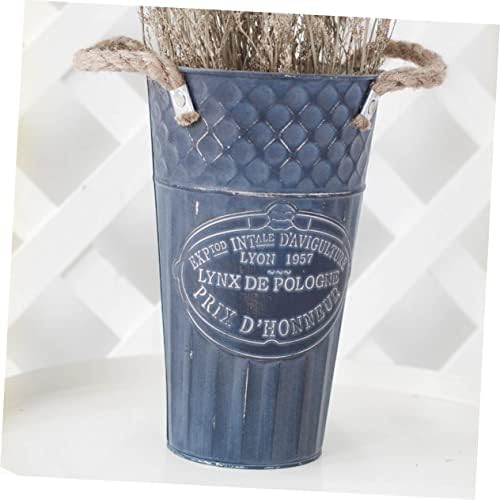 VINTORKY Iron Planter Flower Container Rustic Vintage Blue Vase for Home Decor