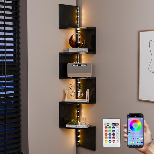 HAAYOT 5-Tier Corner Shelf with LED Lights Black