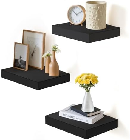 FurnitureR Floating Shelves Set of 3 Black Wall Mounted