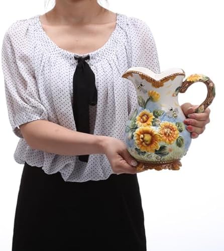 FORLONG Large Ceramic Water Pitcher Flower Vase with Sunflower and Bee Design Yellow 87 Inches Height
