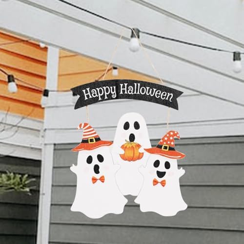 Ghost Halloween Door Sign Cute Happy Halloween Front Door Hanger Wooden Boo Decoration for Wall Porch Wreath