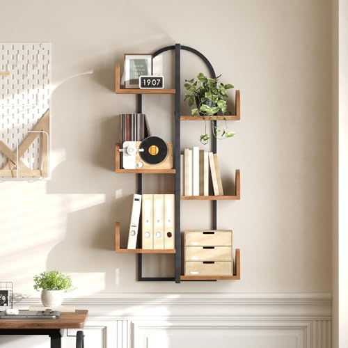 HOOBRO Tree Floating Shelf Wall 6-Tier Rustic Brown and Black