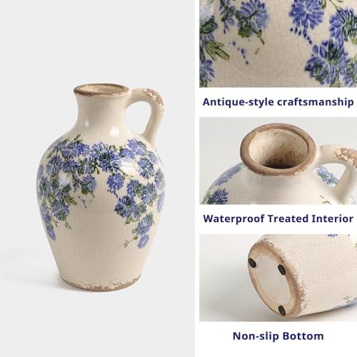 Vintage Flower Vase with Handle Blue and White Ceramic Pitcher