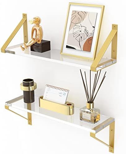 Clear Shelves Gold Floating Wall Mounted Set of 2 8mm Transparent Acrylic Invisible Display Decor
