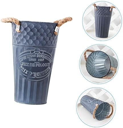 VINTORKY Iron Planter Flower Container Rustic Vintage Blue Vase for Home Decor