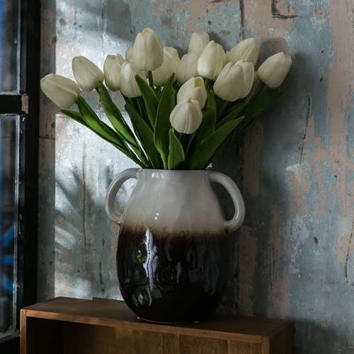 JOJUNO White to Brown Gradient Ceramic Vase with Handles
