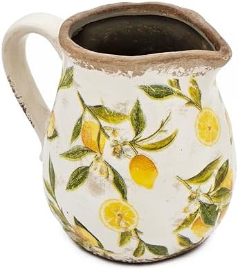 Round Ceramic Pitcher Vase with Lemon Motif Farmhouse Accent