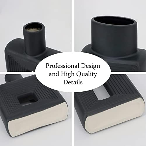 Black Ceramic Vase Set of 2 Modern Geometric Design
