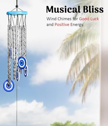 BEZAVO 27-Inch Evil Eye Wind Chime with 5 Silver Pipes