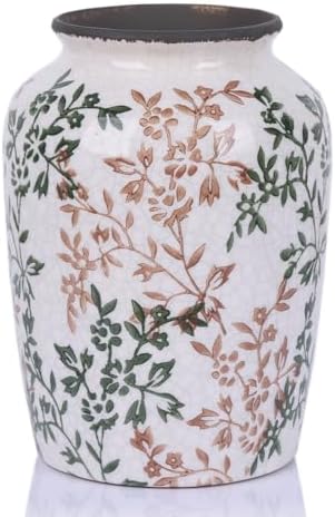 Vintage Green Ceramic Floral Vase - Retro Ice-Cracked Design