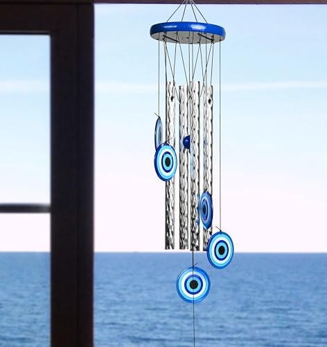 BEZAVO 27-Inch Evil Eye Wind Chime with 4 Silver Pipes