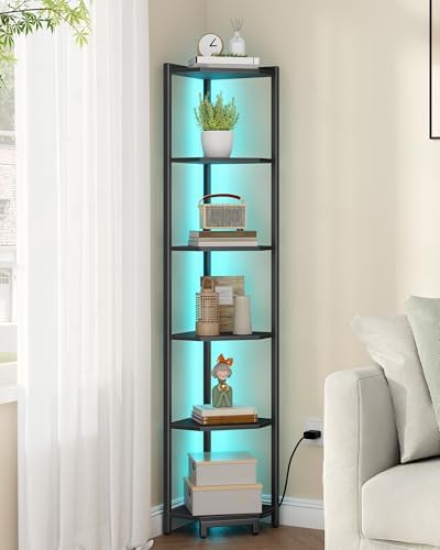 6-Tier Corner Bookshelf with LED Light Black CS66606B