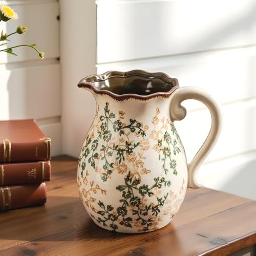 Vintage Vase with Handle - Green and Beige Rustic Ceramic Farmhouse Vase