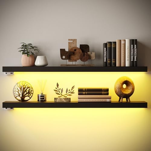 BAMEOS Black Floating Shelves with LED 31 Set of 2