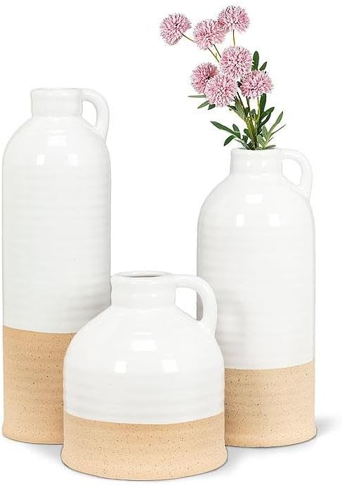 Abbott Collection White and Natural Shiny Matte Vase with Handle Large 11 Inch H