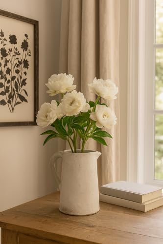 Vintage White Ceramic Pitcher Vase with Handle 12 Tall