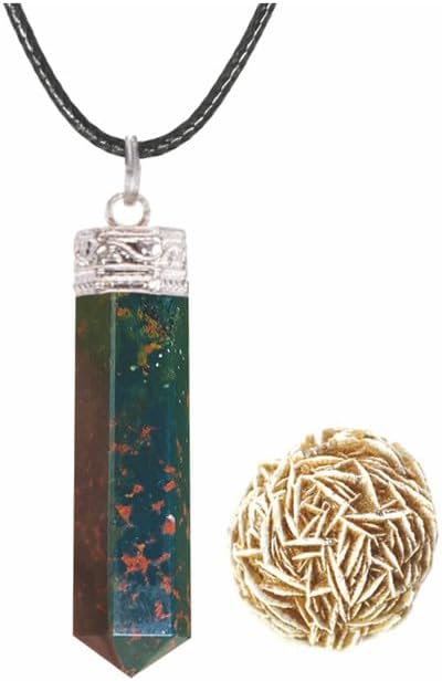 Natural Green Bloodstone 6-Sided Point Pendant with Rose Desert Selenite